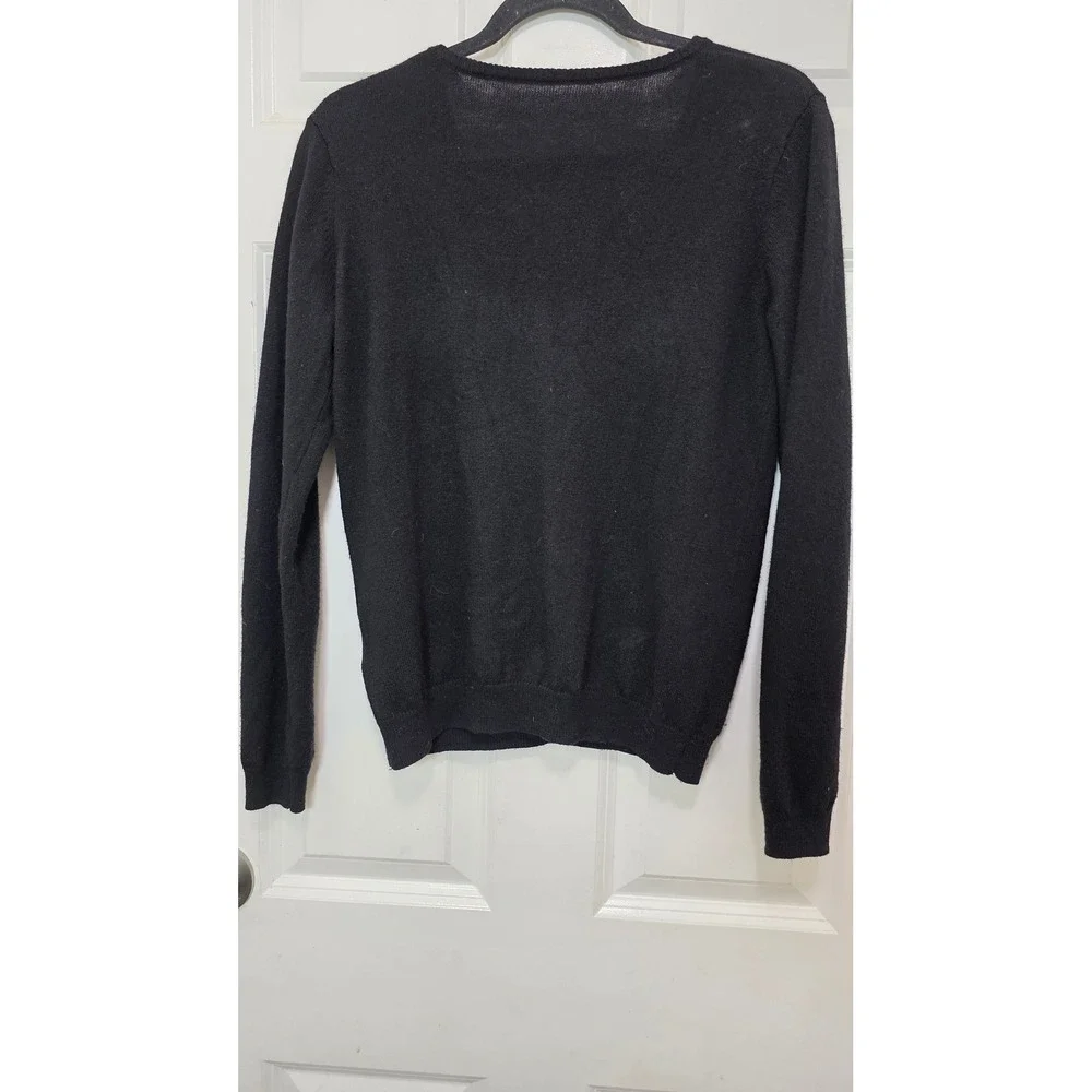 WoolOvers V-Neck Sweater Womens S Black Merino Wool Cashmere Blend Knit Top